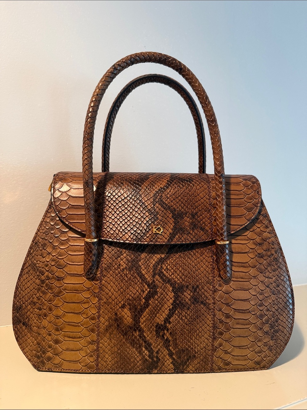 Brown Python Leather Top-Handle Bag